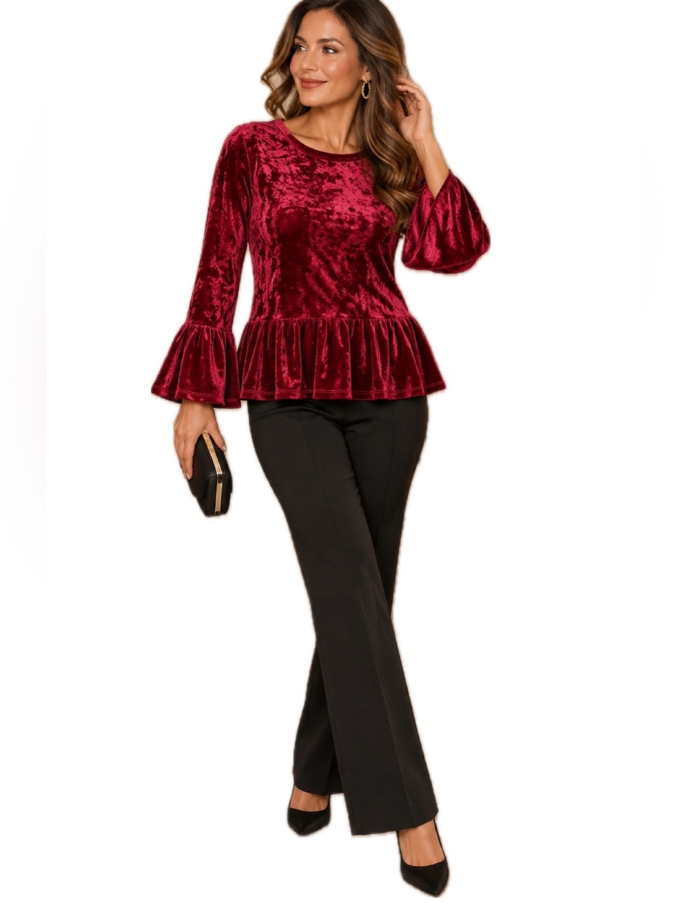 DKNY Jeans Burgundy Velvet Peplum Top Ruffle Bell Sleeves Size M